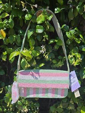 Vieal Beaded Pink White & Green Bag Stripe with Turtle Charm
